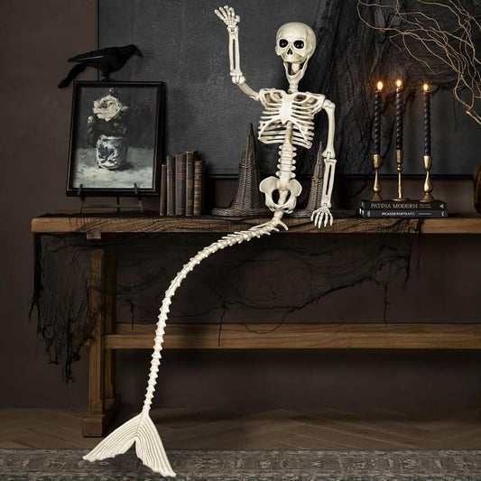 BEABOO 1 Pack 52 Inches Mermaid Halloween Skeleton Pose-N-Stay Posable Movable Joints Hanging for Halloween Decoration Decor Spooky Scene Party Favors