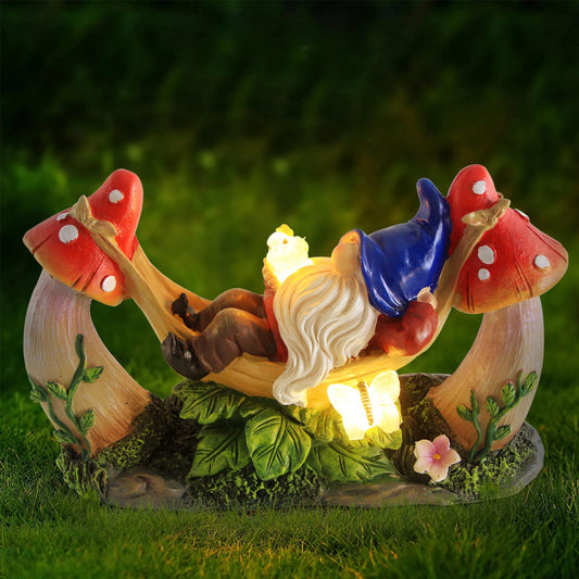Sinhra Outdoor Garden Gnome Statue,Solar Gnomes Figurine Lying on Hammock with Bird and Mushrooms,Outdoor Garden Decoration for Patio Yard Lawn Porch,Gifts for Mom/Grandma/Women