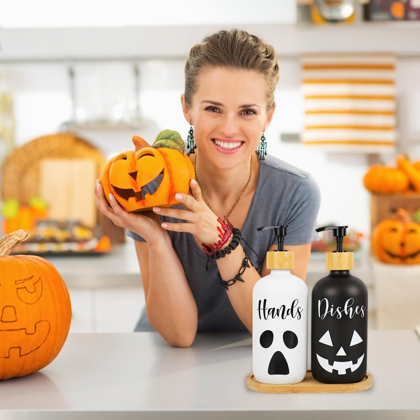 JarThenaAMCS 2Pcs Halloween Soap Dispenser Ghost Pumpkin Face Hand and Dish Glass Dispenser with Pump 16 Oz Refillable White Black Liquid Soap Container for Kitchen Bathroom