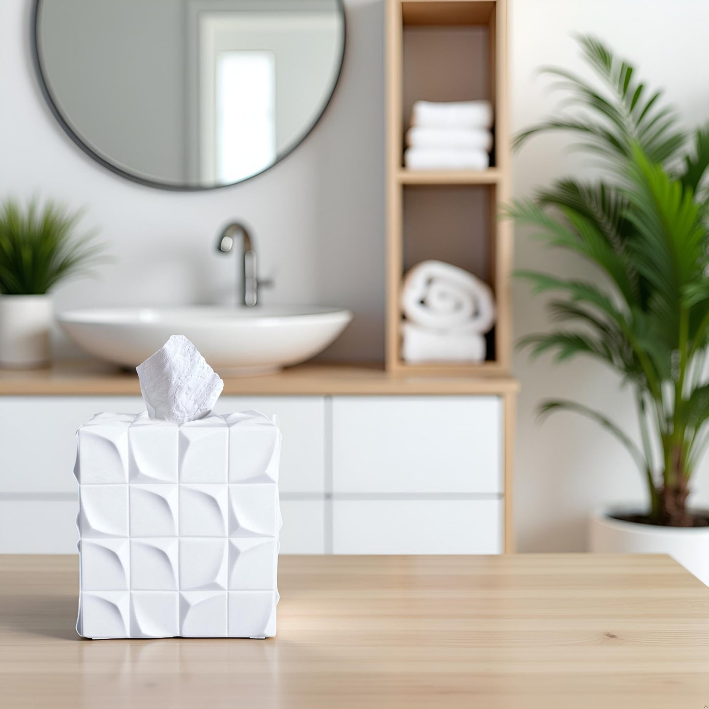 Huitony Square Tissue Box Cover Decorative Kleenex Box Holder for Bathroom & Living Room with Handcrafted Texture (White)