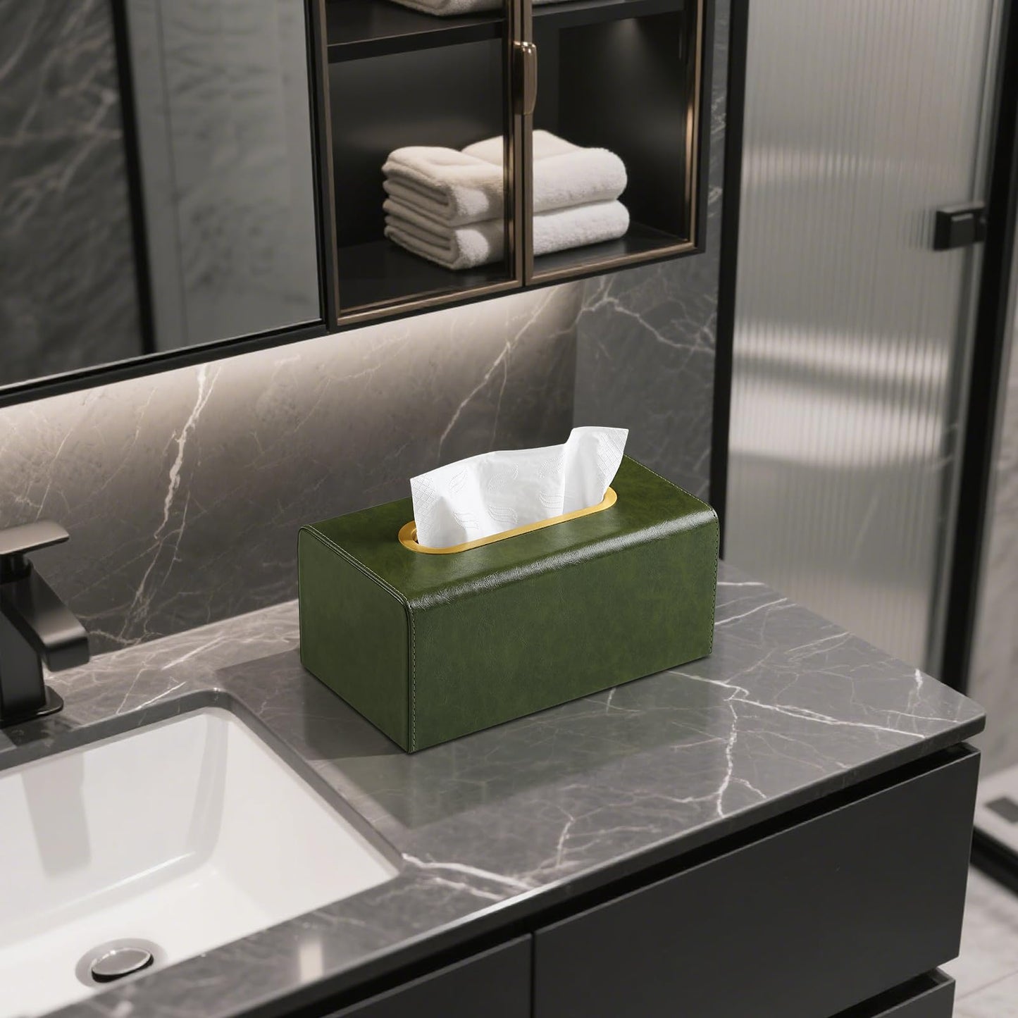 MEIBOOCH PU Leather Tissue Box Cover Rectangular Tissue Box Holder for Boxes Up to 3.9" Tall, Decorative Rectangle Tissue Cover for Bathroom Living Room Car Office (Dark Green)