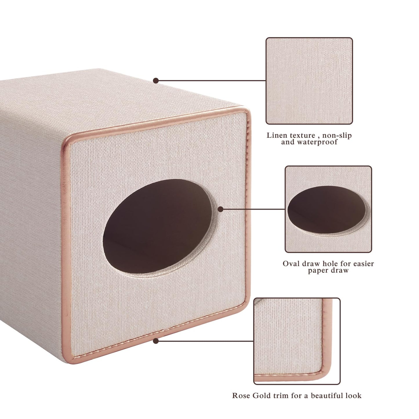 RHCSZ Linen Square Tissue Box Cover,Cube Tissue Box Holder－Excellent Rosegold Leather Decoration,Table Napkin Case Dispenser,Facial Tissues Organizer with Magnetic Bottom for Home Office Car(Beige)