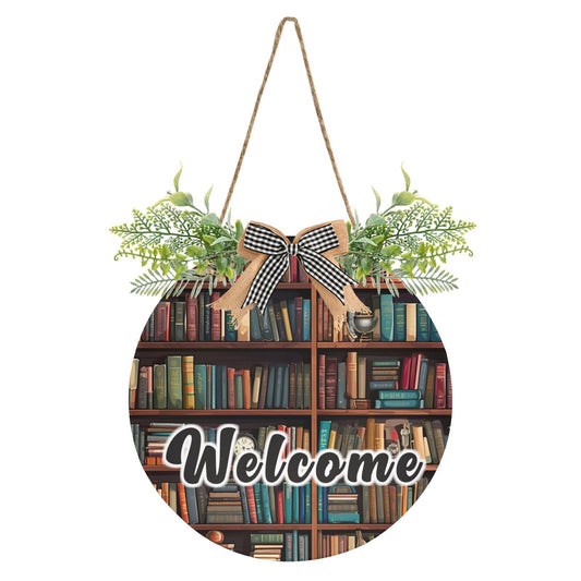 YETTASBIN Welcome Sign Library Bookshelf Front Door Sign, Waterproof Wall Hanging Plaque Decorative Porch Wreath for Housewarming, Farmhouse Yard Garden Home Holiday Decor, 12 x 12 Inch