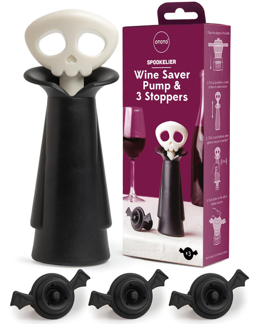 OTOTO Skull Wine Saver Pump and Stoppers - Halloween Gifts, Emo Accessories, Gothic Kitchen, Goth Gifts, Bat, Kitchen Gadgets - (Spookelier)