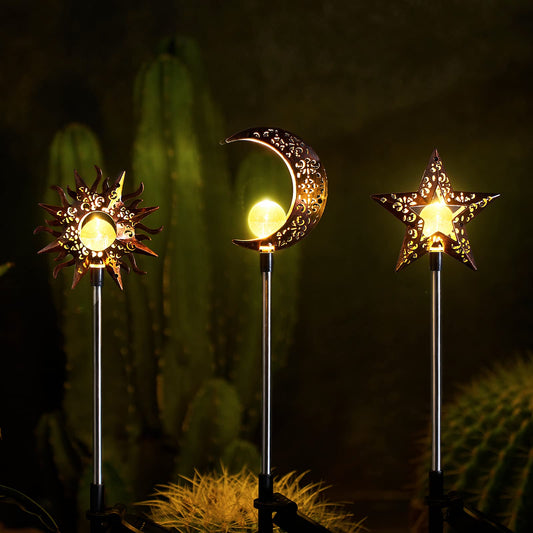 Solar Garden Stake Lights, Moon Sun Star Yard Decorations Outdoor 3 Pack Solar Garden Decor for Lawn, Pathway, Flower Bed, Memorial Garden, Patio Outdoor Gifts for Mom, Loved Ones