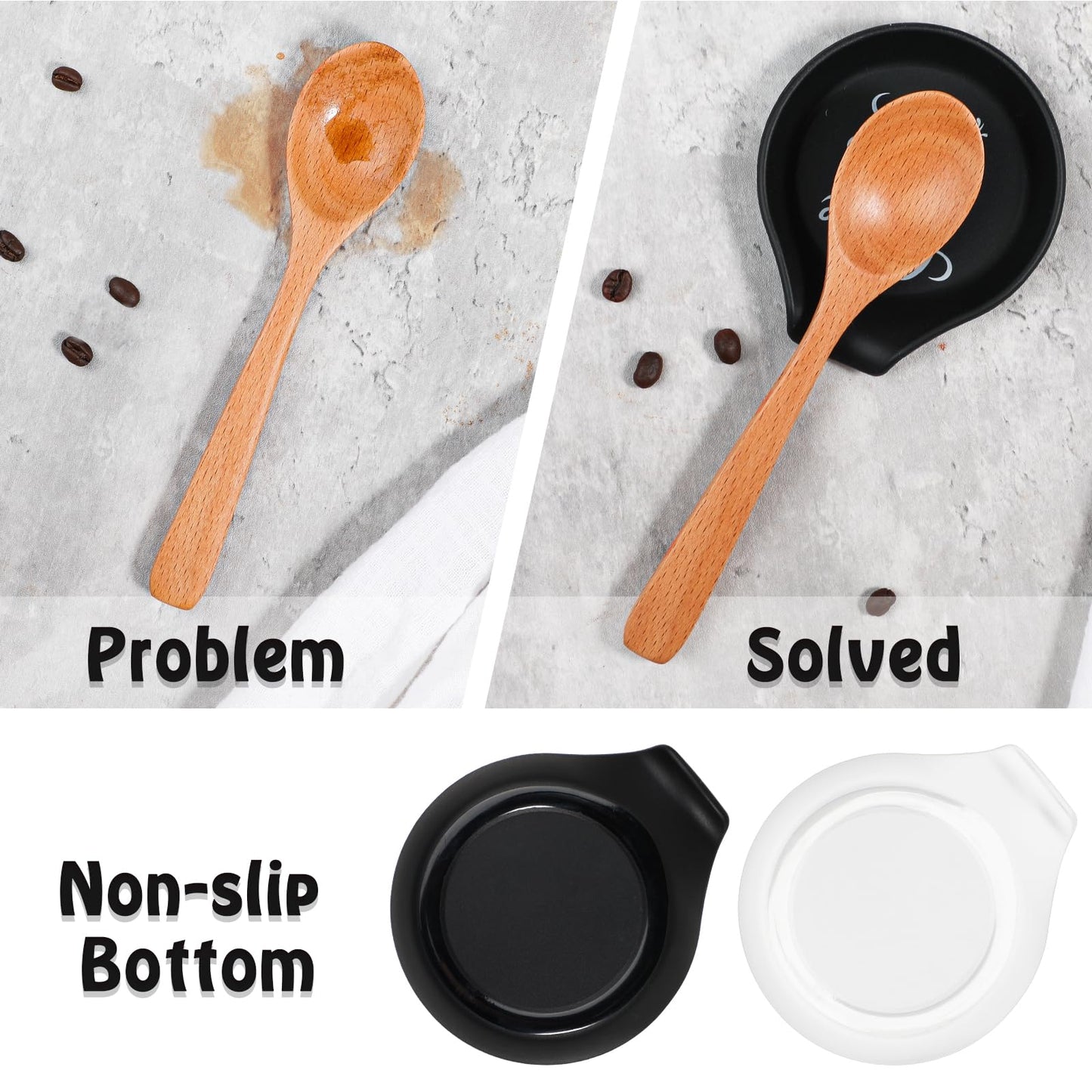 Koluti 2 Pieces Silicone Coffee Spoon Rest, Small Spoon Coffee Stirrers Teaspoon Holder for Countertop, Cute Spoon Buddy Coffee Accessories Bar Station Décor, 3.6”L x 3.5”W x 0.6”H, Black & White