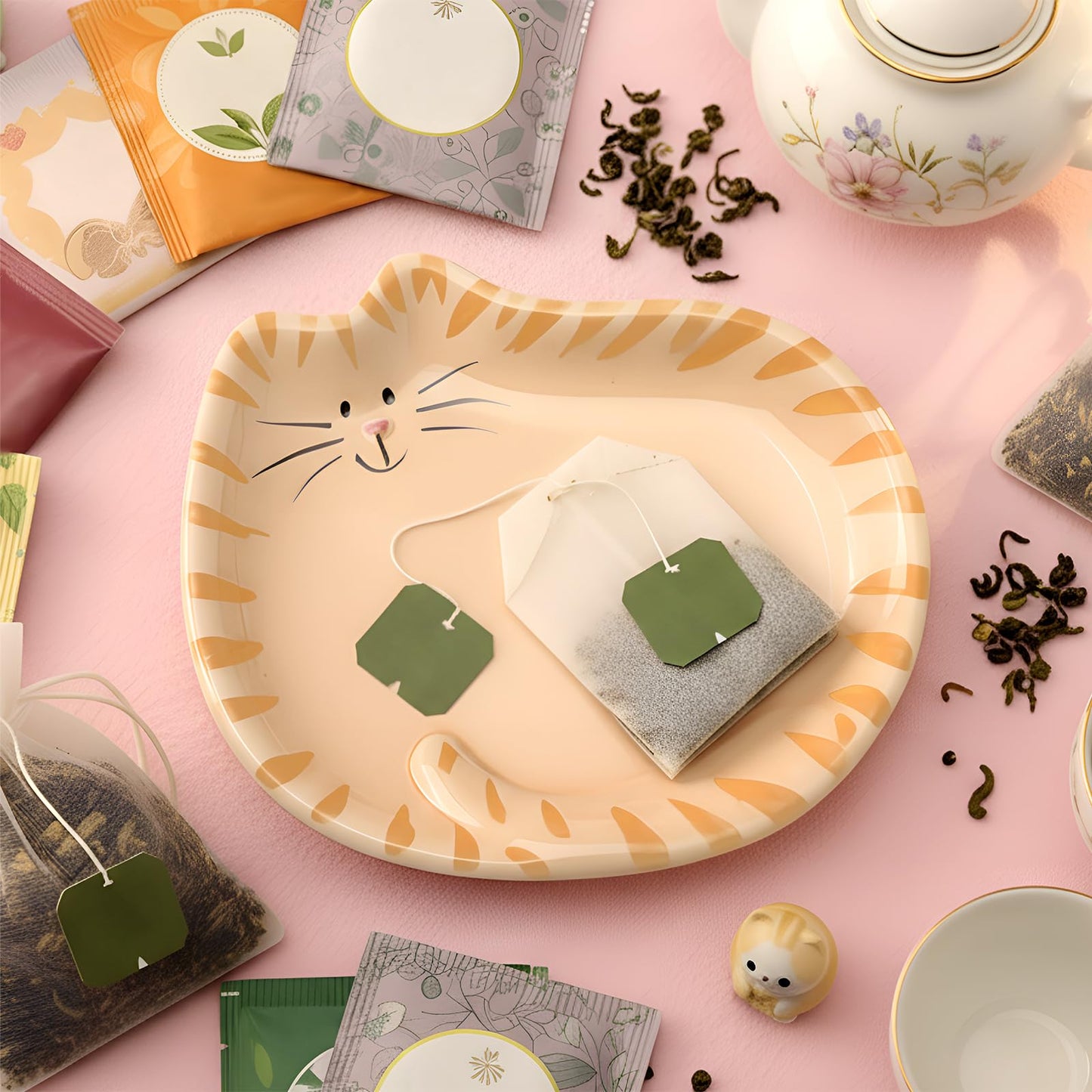 Acellegic 4 Inch Cat Tea Bag Holder Dish Coaster Ceramic Cats Spoon Holder Rest Tea Lover Gifts Soap Coaster for Home Party Decoration(Orange Tabby Cat)