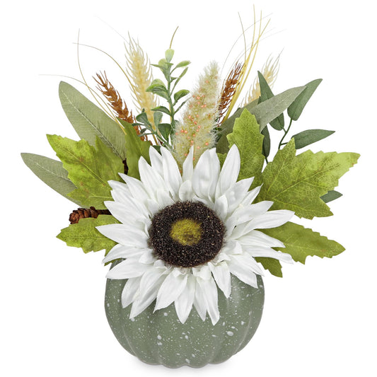 Artificial Pumpkin Floral Arrangement with White Sunflowers & Autumn Leaves – Fall Table Centerpiece for Thanksgiving, Halloween & Harvest Décor – Rustic Farmhouse Pumpkin Autumn Décor