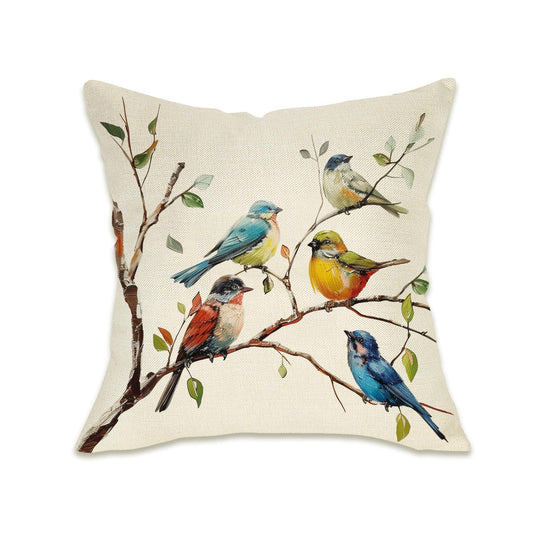 Fahrendom Vintage Birds Tree Decorative Throw Pillow Cover 20 x 20, Spring Summer Bluebird Chickadee Porch Patio Outdoor Pillowcase, Farmhouse Sofa Couch Cushion Case Home Decor
