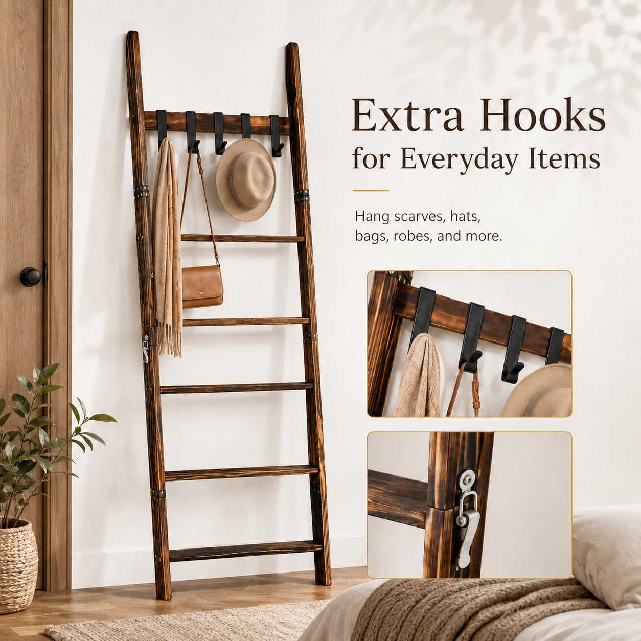 HAOIOKSC Blanket Ladder with 5 Removable Hooks, 67 Inch 6-Tier Wooden Blanket Rack, Rustic Brown Towel Ladder, Decorative Quilt Rack for Living Room Bedroom Bathroom Farmhouse Decor