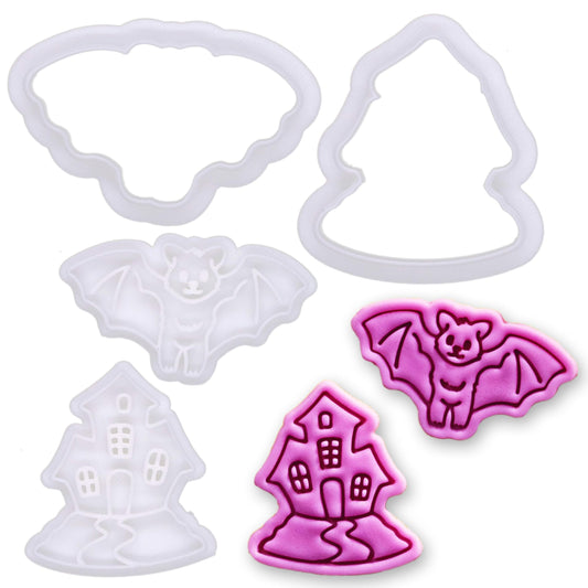 BAKERLOGY Spooky Night Mini Cookie Cutter & Stamp Set (Haunted House & Flying Bat Designs) – Cute Halloween Fondant Embossing Stamp Cutters for Creepy Baking, Cupcake Toppers & Party Treats