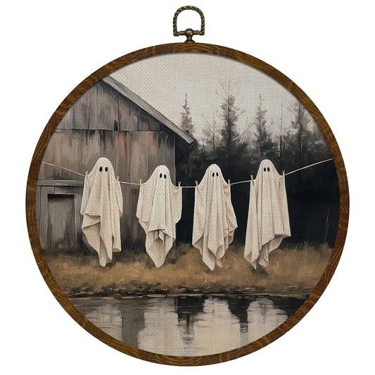 Funny Halloween Ghost Round Wall Art,Gothic Canvas Wall Hanging Decor, Spooky Farmhouse Vintage Round Wall Art for Bedroom Living Room Entryway, Rustic Ghost Gothic Wall Decor,Gift for Halloween10x10Inch(Dark-Ghost04)
