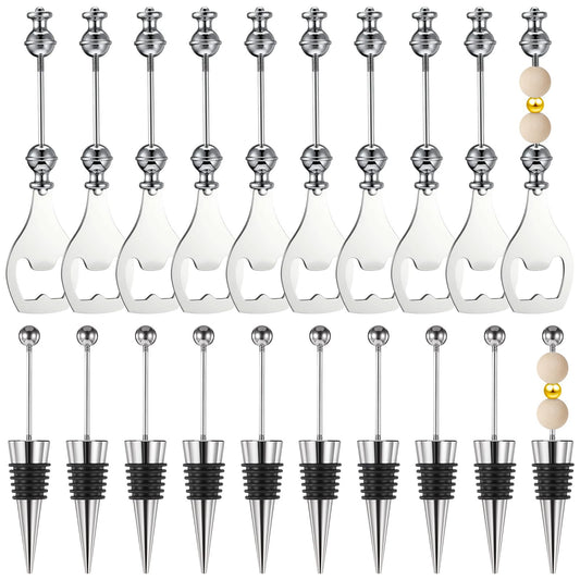 20 Pcs Beadable Wine Stoppers Bulk Beadable Beer Opener Set 10 Decorative Beaded Wine Bottle Stopper 10 Alloy Reusable Bottle Opener for DIY Crafts Fall Halloween Bar Party Favor Gifts