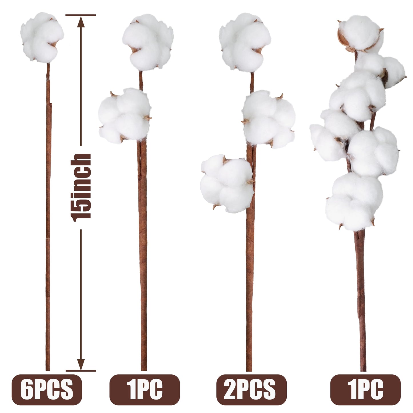 10 Packs Natural Dried Cotton Stems - 15 Inch Real Cotton Flowers with 20 Bolls, Rustic Farmhouse Decor Branches Bundle for DIY Vase Fillers and Wedding Centerpiece, Christmas, Halloween