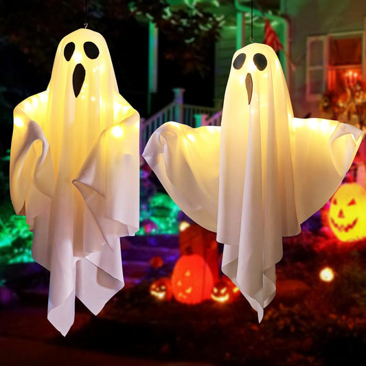 TJYAEKLTD Halloween Decorations, 2PCS 35.4" Outdoor Decor Hanging Lighted Glowing Ghost, Outdoor Indoor Wind Sock Ornaments for Yard Tree Garden Halloween Party Favors (Warn Yellow)