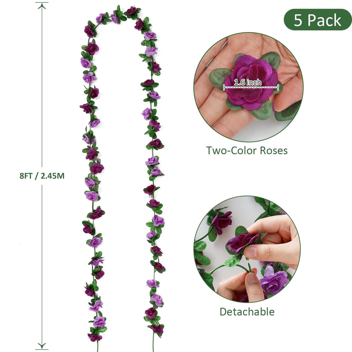 KHOYIME 5 Pack 40 FT Artificial Flower Garland, Fake Purple Roses Vines Silk Flowers Faux Plastic Outdoor Hanging Floral Ivy Garland Decoration for Wedding Arch Bedroom Home Wall Backdrop Room Decor