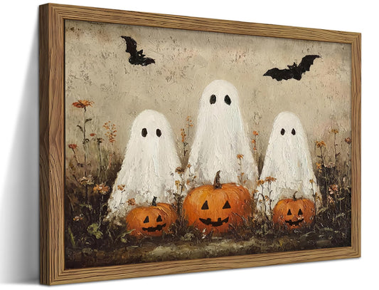 Framed Rustic Halloween Ghost Wall Art - Vintage Farmhouse Ghosts Pumpkins and Bats Canvas Print, Country Cottage Halloween Wall Decor for Living Room Bedroom, 8x10in Wood Frame