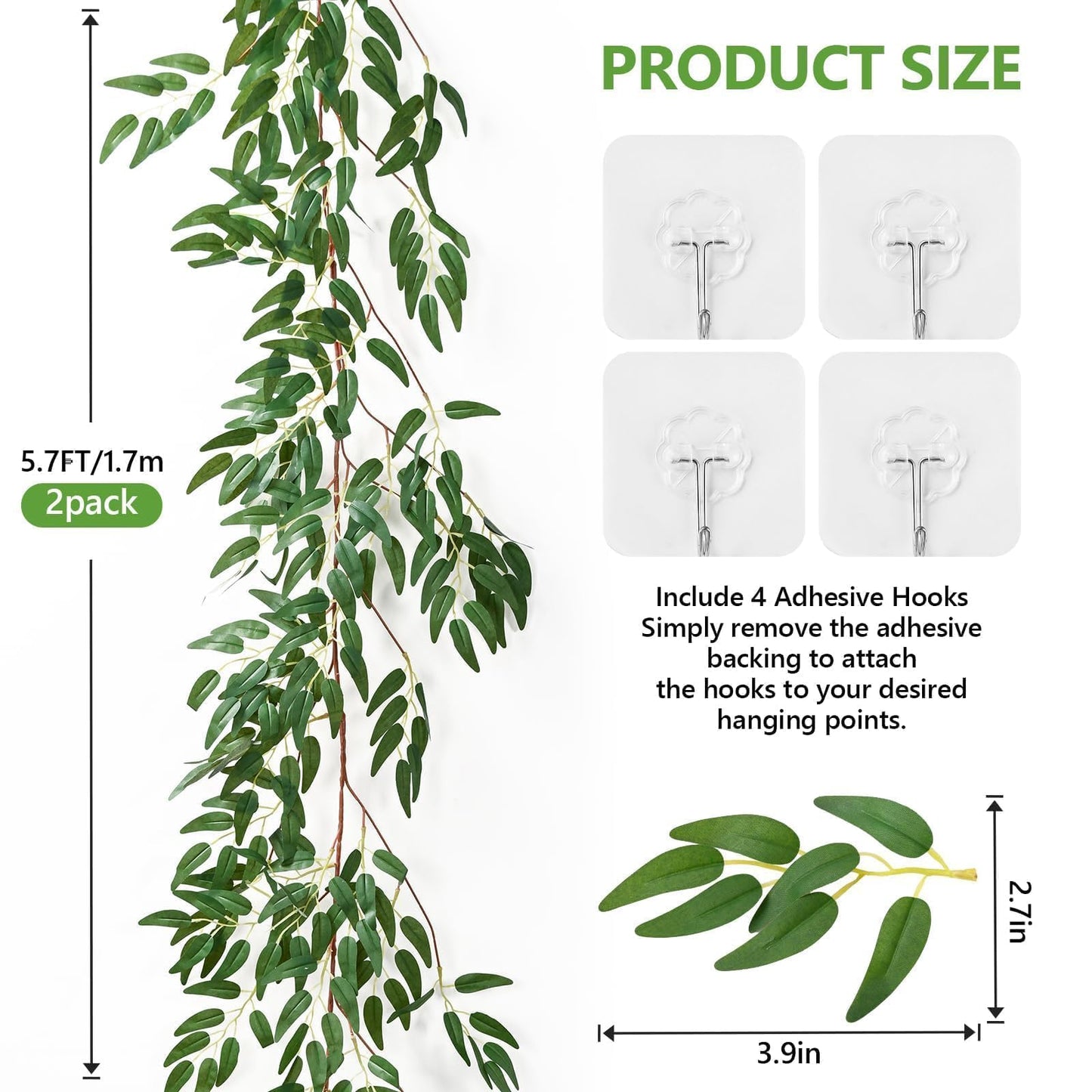 Artificial Willow Leaves Greenery Garland, 2Pack 5.7FT Hanging Willow Leaves Ivy Garland, Faux Silk Plant Vine Twigs for Wedding Arch, Garden Party, Indoor, Outdoor Decoration