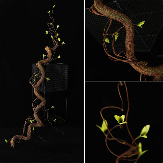 63in Bendable Thick Artificial Tree Branches Faux Wood Tree Trunk Twigs Grapevines Moss Plants Garland With Green Leaves For Wall Hanging Reptile Climbing Halloween Outdoor Arch Home Garden Decoration