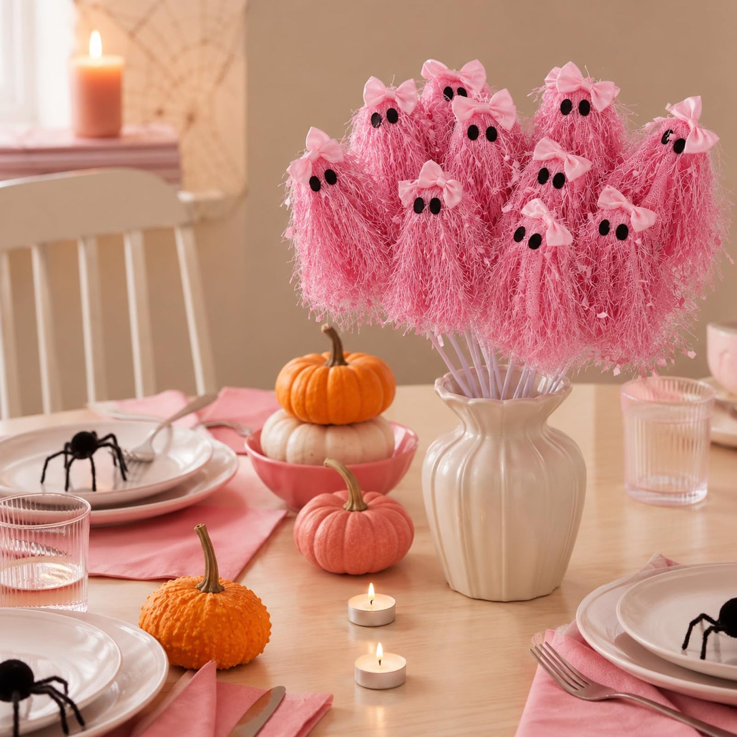 Suncalla 12 Pcs 12 Inch Halloween Spooky Ghosts Stems Glitter Ghost Picks with Tassel Gothic Halloween Tree Picks Floral Decor for Vase Floral Arrangements Table Centerpieces Decorations(Pink)
