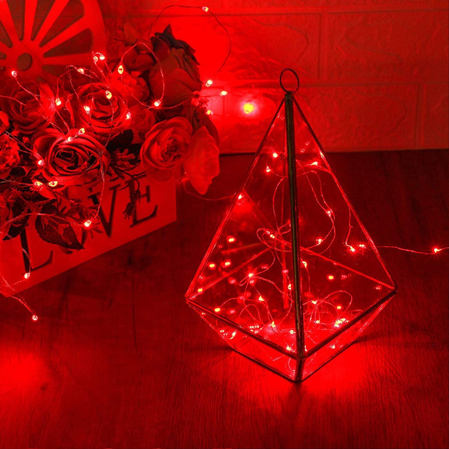 RUICHEN Dimmable Fairy String Lights Plug in 33 Ft 100 LED Silver Wire Firefly Lights with Remote, Red