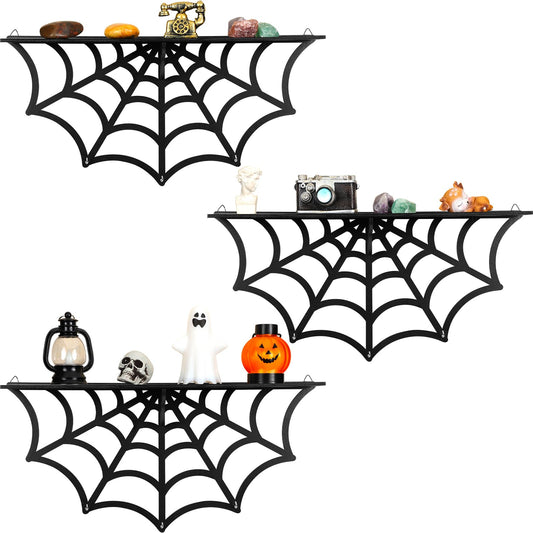 Geetery 3 Sets Gothic Spider Web Shelves, Wall Mounted Goth Shelf, Display Shelf for Crystal and Stones, Wooden Floating Shelf with Hooks for Bedroom Living Room, Halloween Witchy Hanging Decor