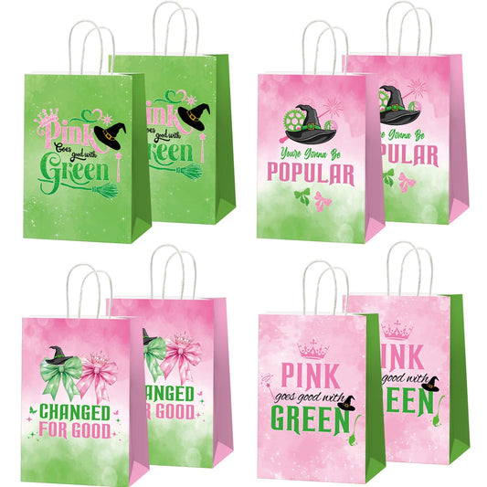 ACUDUDOMA Witch Party Gift Bags 12 Pack, Pink and Green Double-Sided Paper Treat Bags with Handle for Birthday Party Decorations, Princess Theme Halloween Favors & Friendship Exchange Gifts