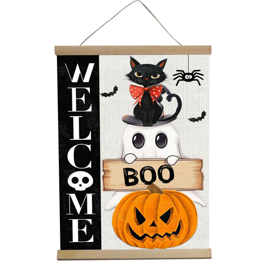BUPOfromcn Halloween Ghost Cat Boo Ghost Sign Welcome Yard Decor for Fall Parties Garden Outdoor Ghost Decor with Vintage Boo Design Wall Art Prints 12x16 Inch