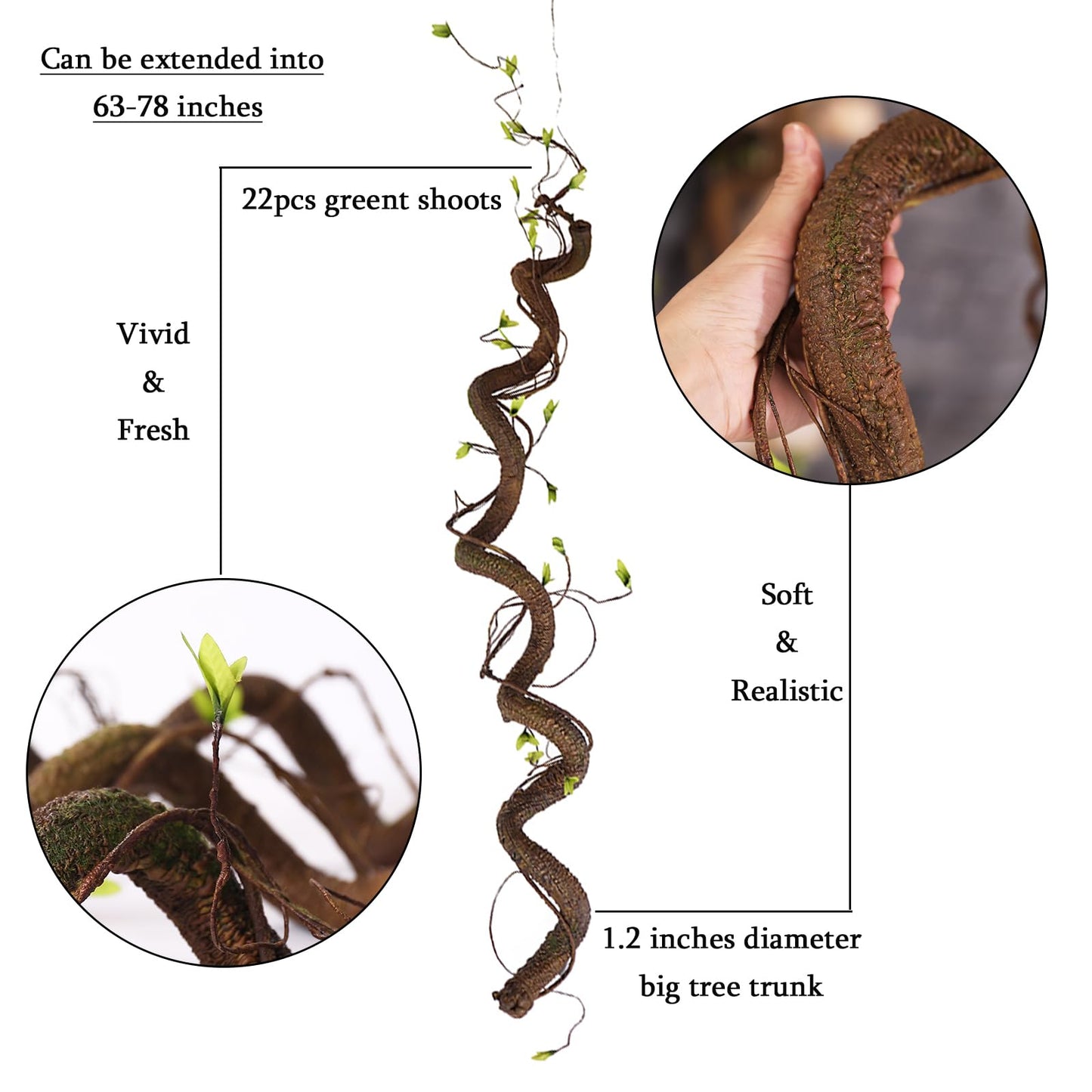 63in Bendable Thick Artificial Tree Branches Faux Wood Tree Trunk Twigs Grapevines Moss Plants Garland With Green Leaves For Wall Hanging Reptile Climbing Halloween Outdoor Arch Home Garden Decoration