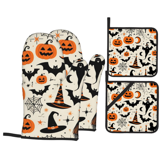 Halloween Pumpkin Bat Pattern Oven Gloves and Hot Pads Set - Heatproof Hand Protection for Baking, Grilling, Cooking 4Pcs