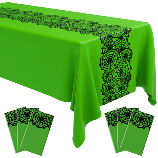 Breling Halloween 6 Pcs Spider Web Rectangular Tablecloths Waterproof Wrinkle Resistant Spider Web Pattern Tablecloths for Halloween and Holiday Banquet Parties Kitchen Dining Room(Green)