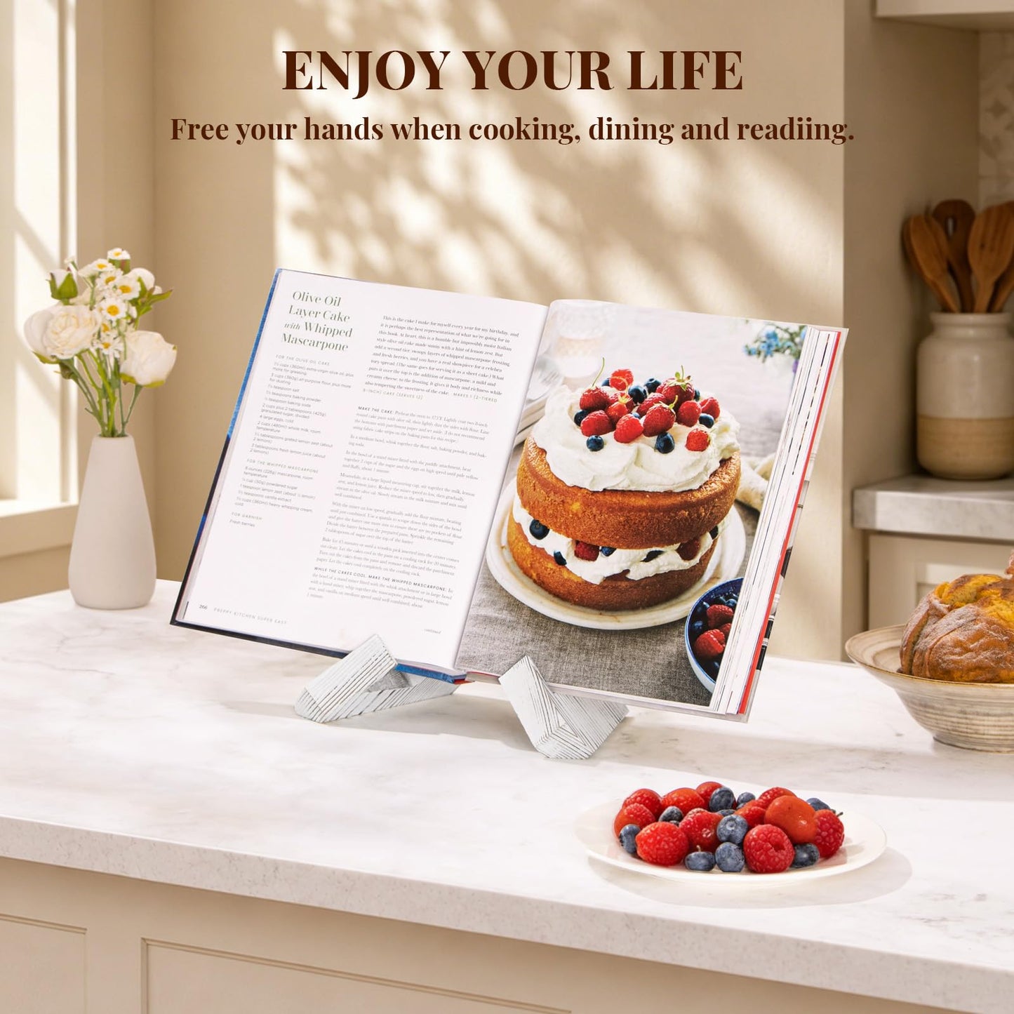 PUERSI Cookbook Stand for Kitchen, Recipe Book Holder for Kitchen Counter, Wooden Cookbook Holder, Rustic Cook Book Holder Stand - Farmhouse White - 1 Set