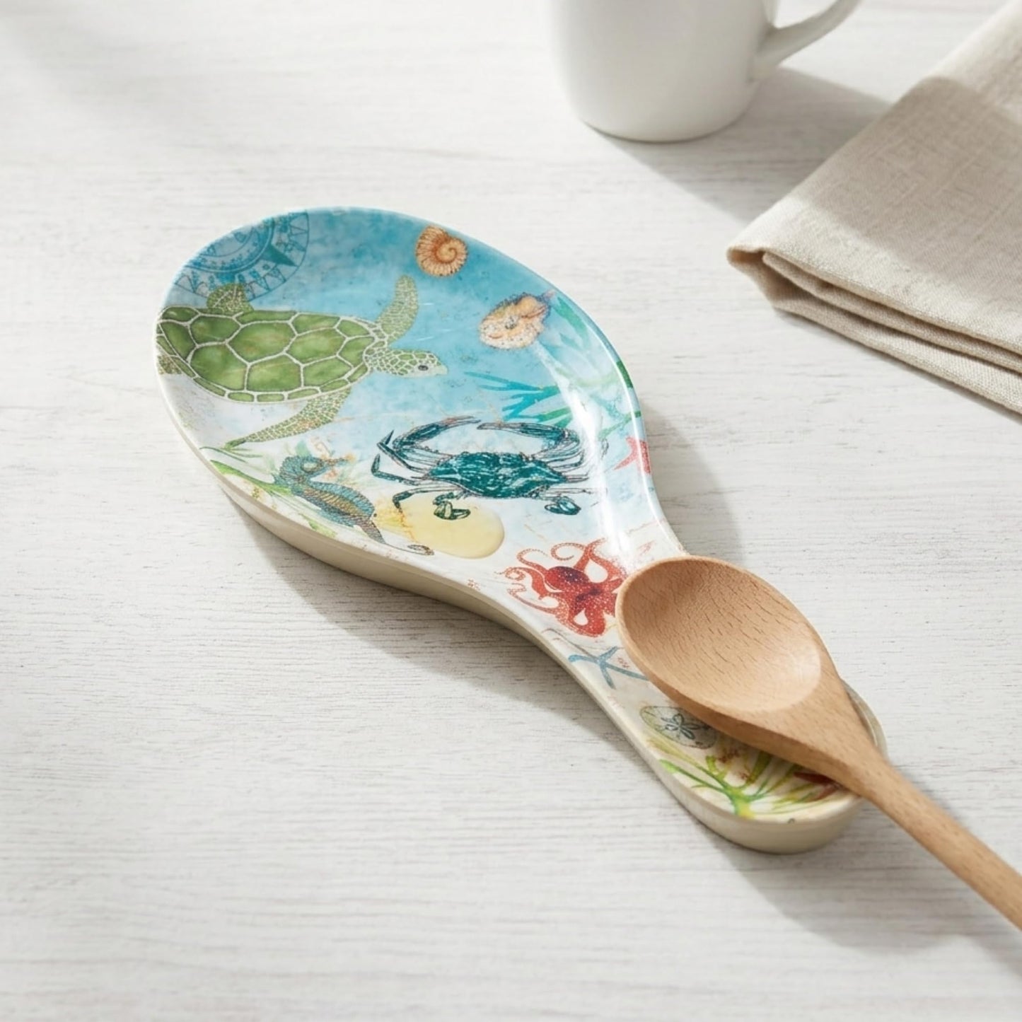 UPware Sea Life Melamine Spoon Rest, Cooking Spoon Holder for Stove Top, Kitchen Counter, and Dining Table, 9.625 Inch, Multicolor