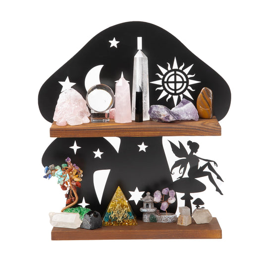 Wooden Mushroom Shelf with Iron Backing - Rustic Wall Decor for Crystals, Oils & Trinkets | Decorative Display Shelf for Witchy Room, Mushroom Decor & Fairy Core Decor | Mushroom Wall Art Gift