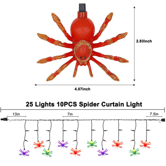 Bokoiuu Halloween Spider Lights 7FT, Spider Curtain Lights with 10 Spider Bulbs and 15 Mini Purple Bulbs, Plug in Hanging String Lights for Halloween Curtain Window Porch Indoor Outdoor Decor