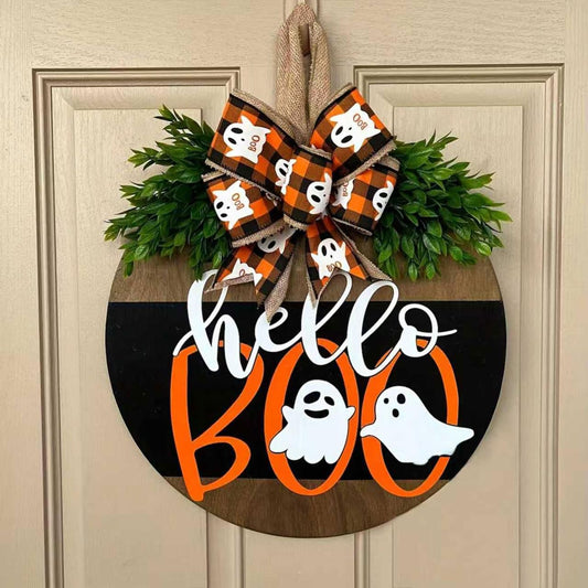 Halloween Welcome Door Sign Decorations, Cute Ghost Hanger Sign for Front Door, Halloween Wooden Wreath with Bow for Farmhouse Porch Home Outdoor Wall Decor (Hello Boo)
