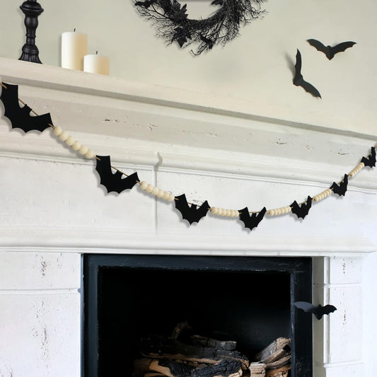 Halloween Garland Decorations, Adjustable Spooky Hanging Felt Bat Garland, Pre-Strung Aesthetic Boho Wood Beads Halloween Banner for Mantel Fireplace Home Room Indoor Farmhouse Office Wall Decor