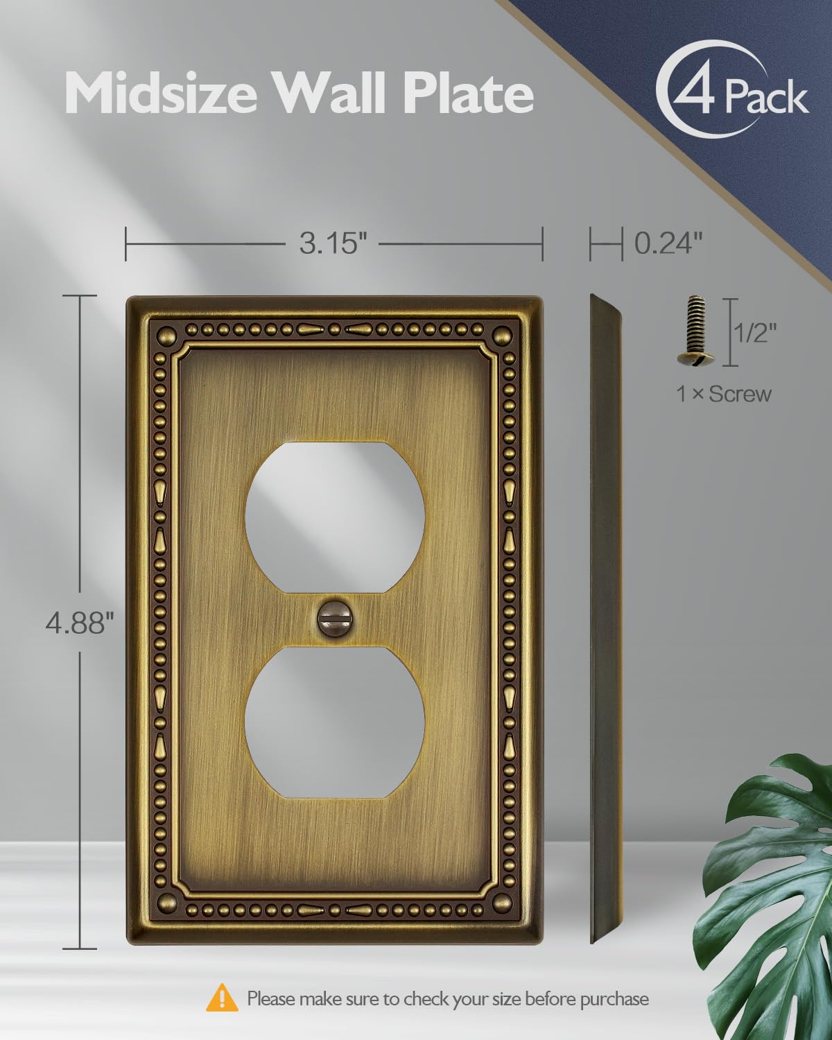 ZILLSEA 4-Pack Antique Brass Outlet Covers, Metal Duplex Wall Plates for Electrical Outlets, Light Switches, Decorative Pearl Design, 3.15''*4.88'', Midsize