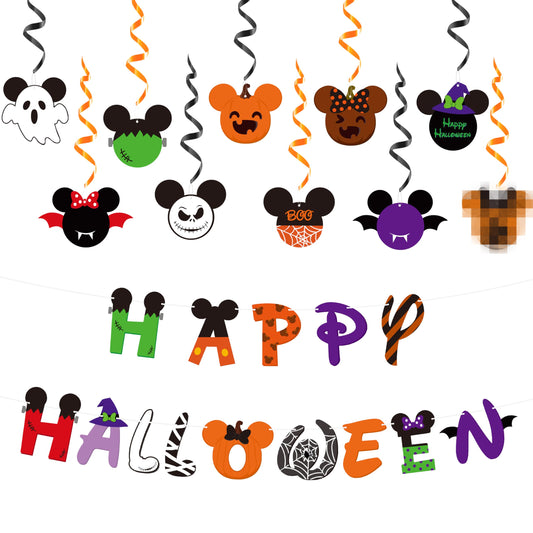 Aginc Beery Mouse Happy Halloween Banners with Hanging Swirls for Kids, Mouse Zombi Spider Elements Hanging Streamers Decors, Halloween Trick or Treat Party Decor Supplies, Halloween Theme Party Decor