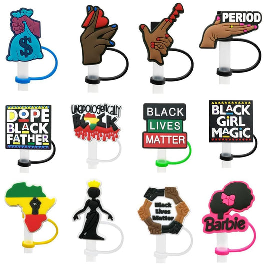 Ginyrerd 12Pcs Cute Black Girl Straw Toppers, Silicone Phrase Finger Straw Covers, Portable Reusable Dust-Proof Plugs for 0.24-0.31 Inch Straws