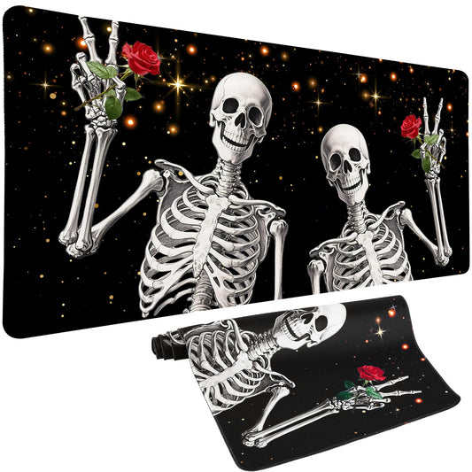 Love, Roses and Skulls Mouse Pad Desk Mat, Waterproof Black XXL Extended Large Gaming Mouse Pad Halloween Skull Rose Desk Pad Mousepad XXL Extended Keyboard Mat Mouse Mat, 31.5 x 15.7 in