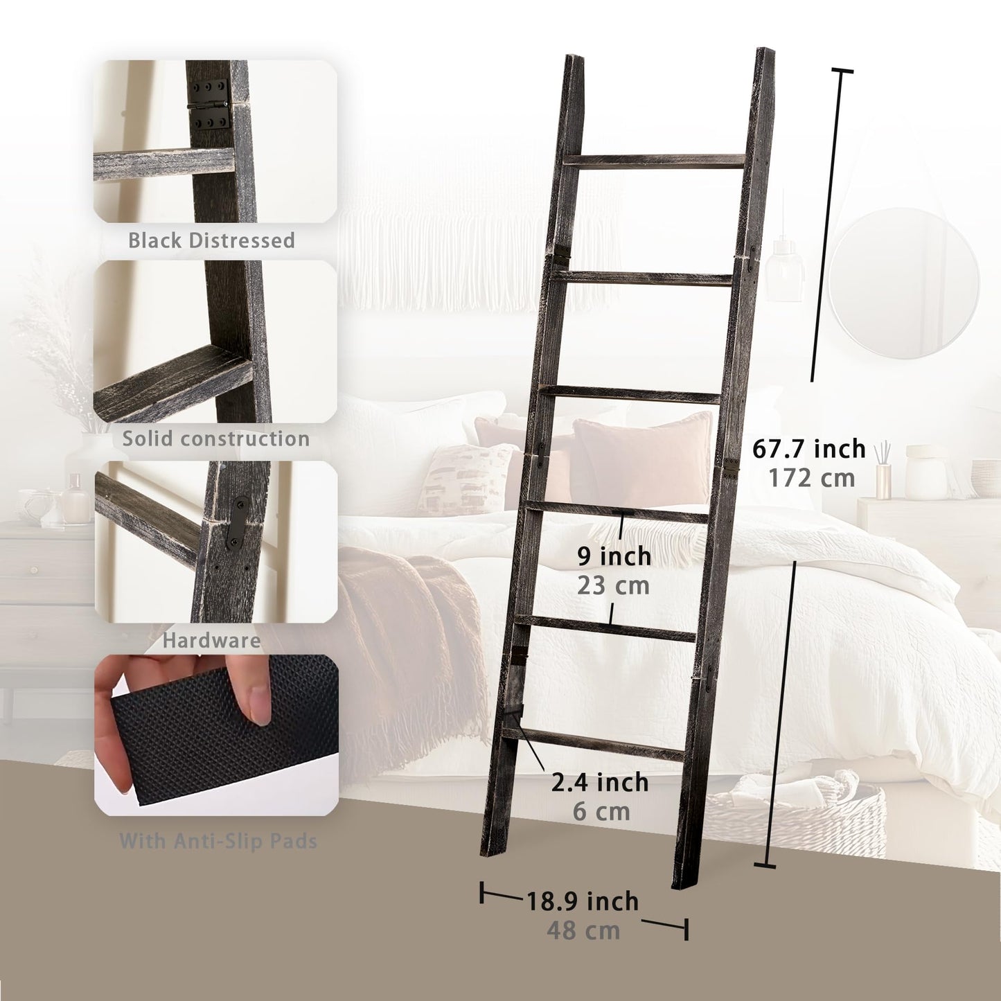 Blanket Ladder for The Living Room 6-Tier, Wooden Decorative Quilt Holder for Bed Room, Wall-Leaning Wood Towel Rack for Bathroom，Rustic Farmhouse Ladders for Display.(Black Wash)