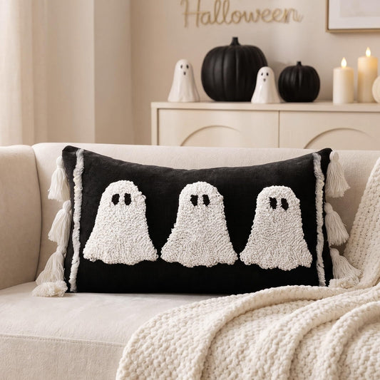 Bunny Chorus Halloween Lumbar Pillow Cover: Black and White Ghost Pillow Covers with Tassels, Cotton Linen Halloween Throw Pillow Covers 15x20 for Couch Sofa Bed, Cute Halloween Home Decorations