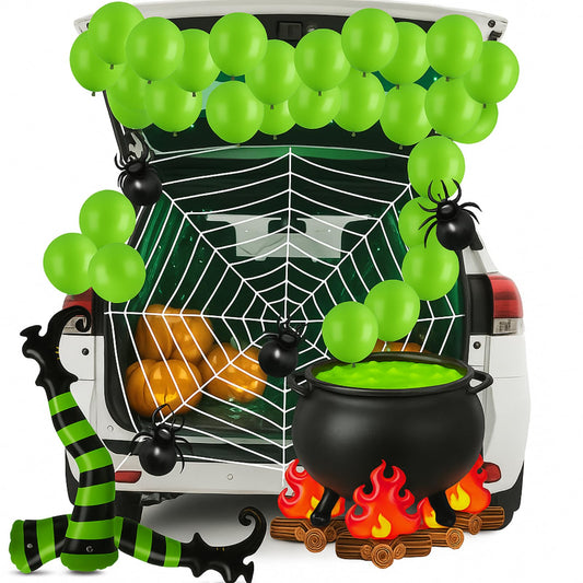 Soulchen 32 Pcs Halloween Witch Trunk or Treat Car Decor Kit Witch Cauldron Banner Inflatable Legs Fake Campfire Camping Balloon Prop Yard Halloween Wizard Garage Trunk or Treat Car Supplies(Green)