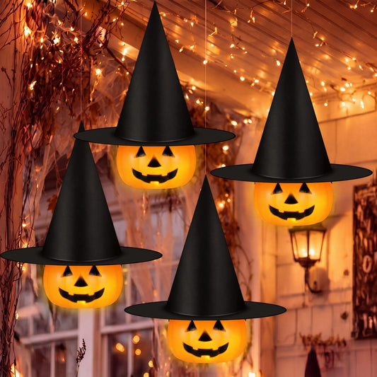 Ropoloogy 4 Sets Halloween Witch Hat Ornament Hanging Decorations Large Witch Hat with Lighted Pumpkin Ornament Spooky Hanging Decor for Halloween Front Yard Porch Patio Lawn Garden Tree Decorations