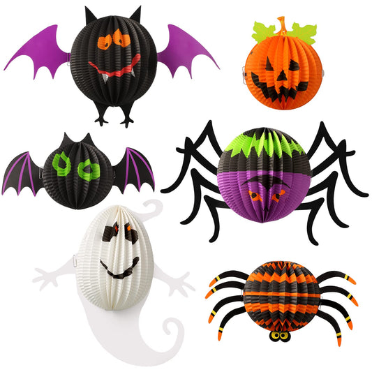 Jeyiour 6 Pack Halloween Paper Lanterns Hanging Decoration, 3D Honeycomb Spider Bat Pumpkin Paper Lantern Set, Foldable Jack O Lantern Party Decor for Indoor Outdoor Home Tree Halloween Display