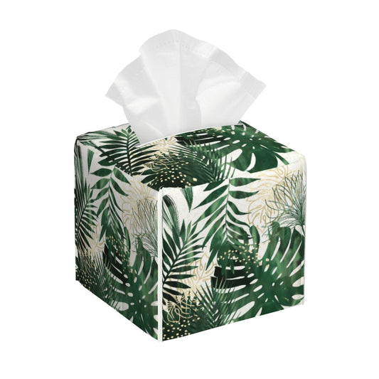 Exotic Palm Leaves Tissue Box Cover,Tissue Box Holder Square with Bottom Belt,Waterproof Leather Organizer Portable Decorative Facial Paper for Bedroom Night Stand Office Desk,5.2" x 5.2" x 5.2"