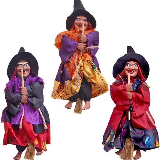 Bonzitoy Halloween Witch Ornaments 3 PCS, 8" Flying Witch Figures on Broomsticks, Haunted House Hanging Props