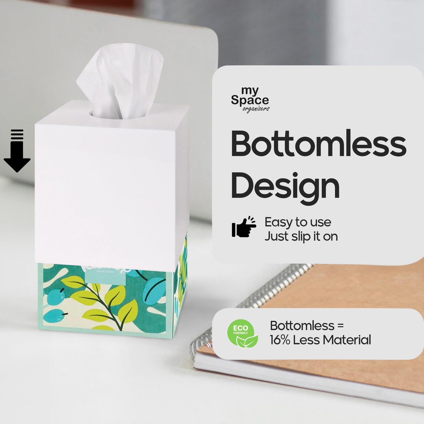 My Space Organizer - Premium Acrylic Tissue Cover | Fits Standard Square Tissue Box | White Cube Holder for Bathroom | 5.3" x 5.3" x 5.5"