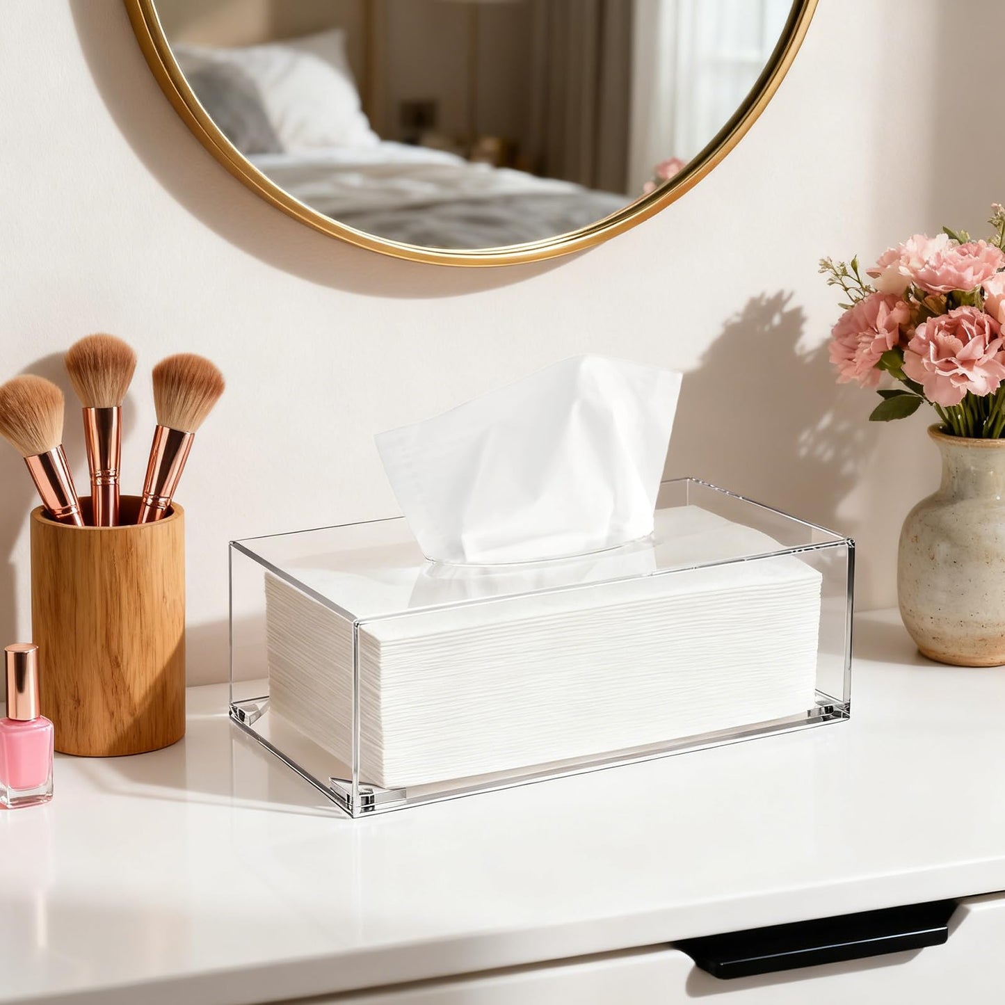 Yopay 2 Pack Acrylic Tissue Box Holder, Rectangle Tissue Box Cover with Magnetic Bottom, Clear Acrylic Facial Tissue Case Dispenser for Bathroom Kitchen Bedroom Vanity Restaurant Office